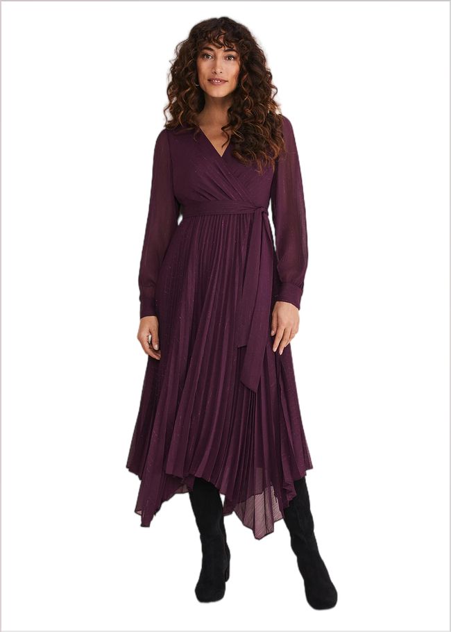  Dani Pleated Belted Midi Dress Plum 221259603