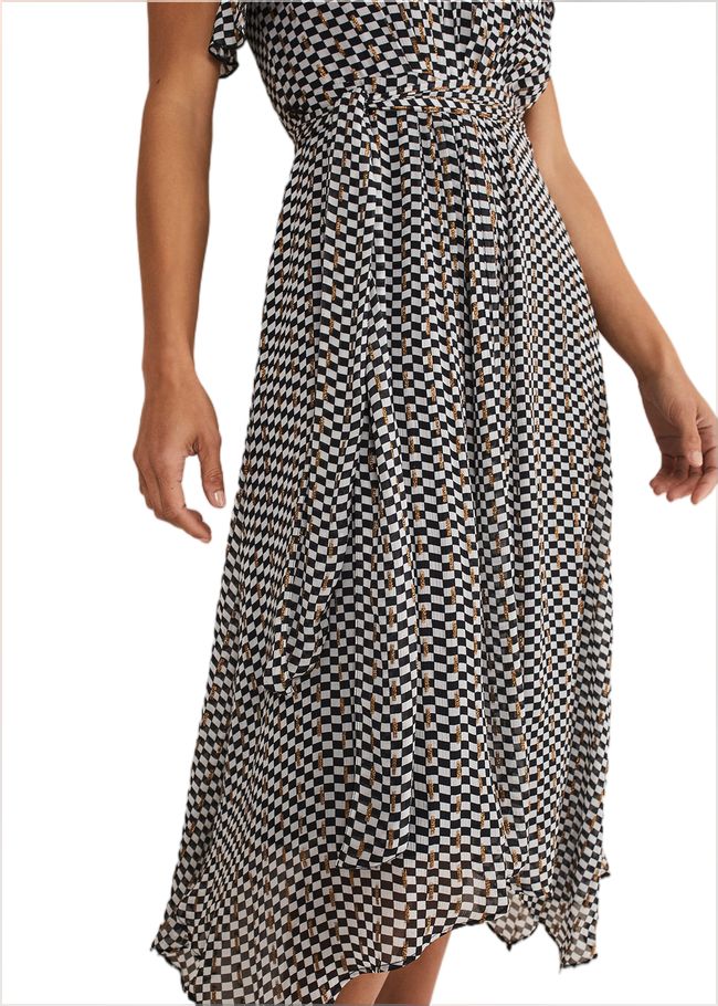  Kaz Checked One Shoulder Midi Dress Black/White 221348725
