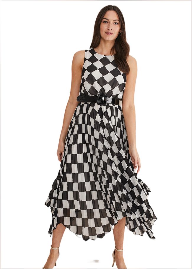  Laurel Checked Pleated Midi Dress Black/White 221355725