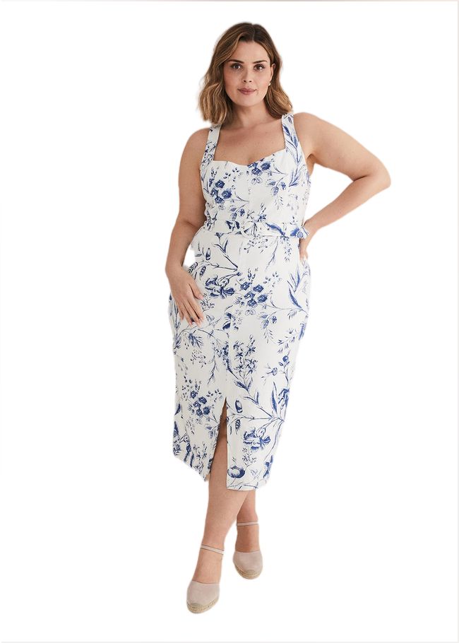  Kaya Linen Floral Bodycon Midi Dress White/Blue 221532814