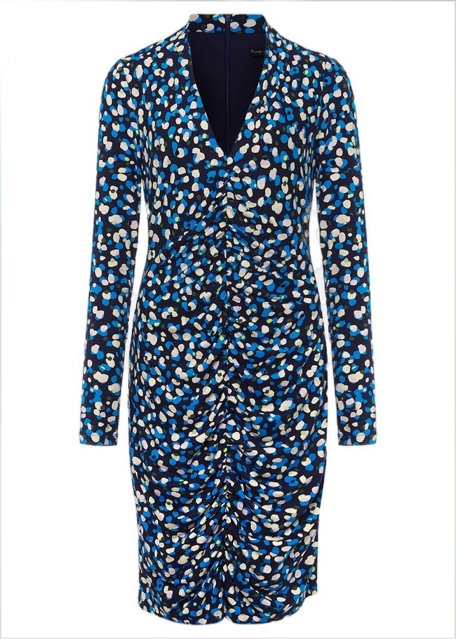  Juno Ruched V Neck Dotty Bodycon Dress Blue Multi 221622570