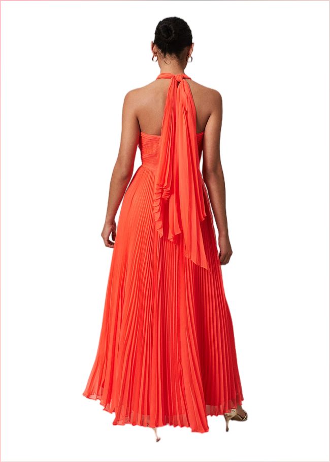  Evangeline Pleated Halterneck Maxi Dress Coral 221648666