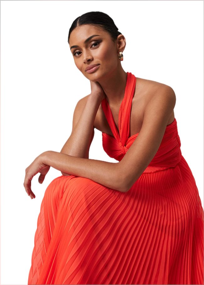  Evangeline Pleated Halterneck Maxi Dress Coral 221648666