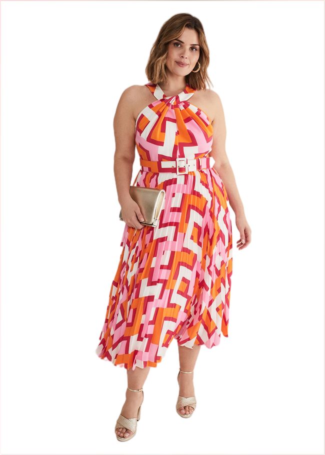  Yas Abstract Halterneck Midi Dress Pink/Orange 221734939